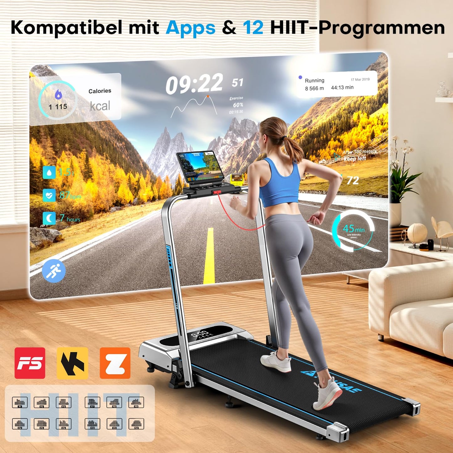 FOUSAE 5-in-1 Walking Pad – Klappbares Laufband 12 km/h, 9 % Steigung, 2.75 HP, App & Fernbedienung, bis 160 kg, keine Montage nötig