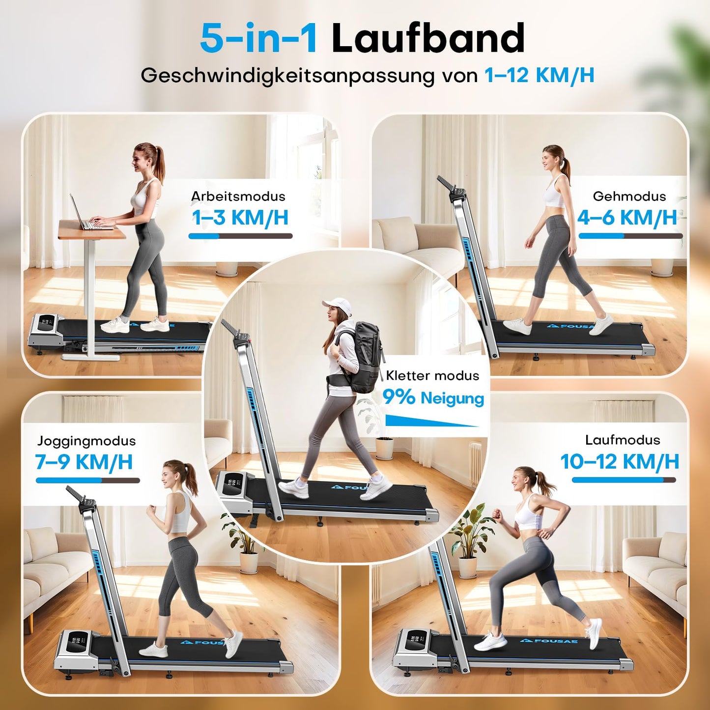 FOUSAE 5-in-1 Walking Pad – Klappbares Laufband 12 km/h, 9 % Steigung, 2.75 HP, App & Fernbedienung, bis 160 kg, keine Montage nötig